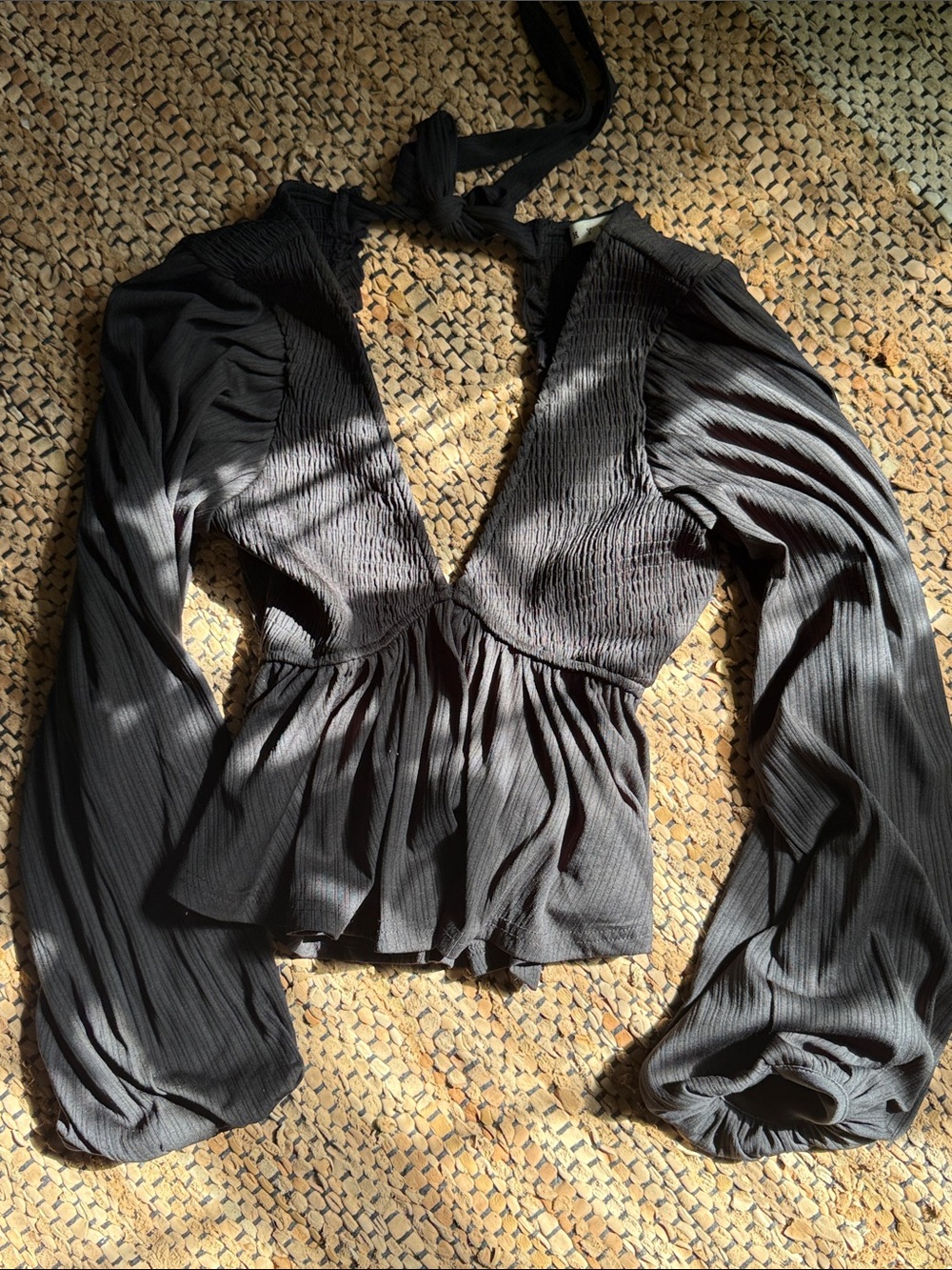 Black Puff Sleeve Deep V Peplum Blouse Tie Back Going Out Top